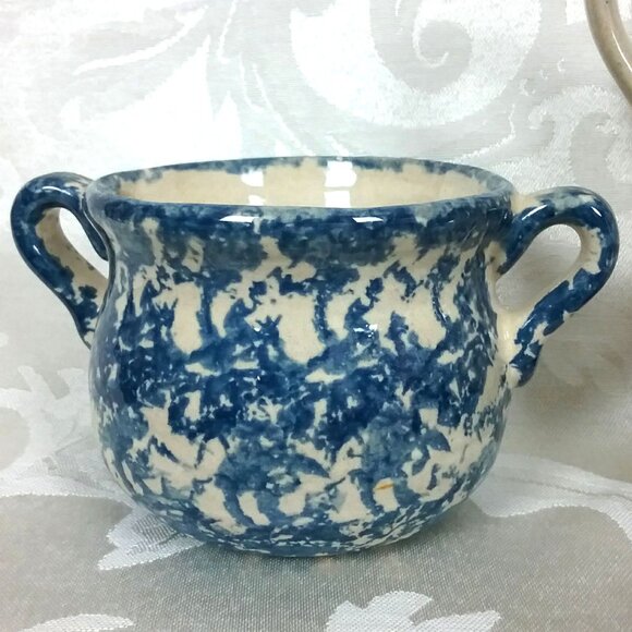 Vintage Spongeware Creamer and Sugar Set. Blue and Tan Studio Pottery Tableware - Picture 8 of 12